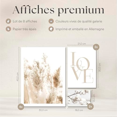 ARTFAVES® Ensemble d'affiches decoration murale - DOUCEUR BEIGE - 8 poster moderne - Salon et chambre Formes abstraites, herbe de pampa, fleur, beige, mer - sans cadre