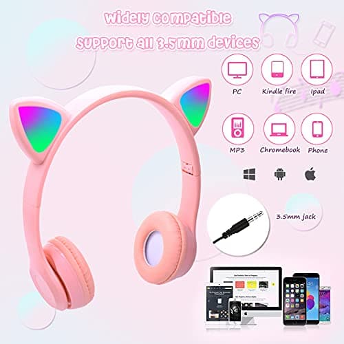 Casque pour Enfants sans FI, Megadream Casque Cat Pliable avec LED Flash Lumières Glow pour Enfants 8+, 3.5mm Jack, SD Carte Slot pour PC, Tablette, Smart Phone (Rose)