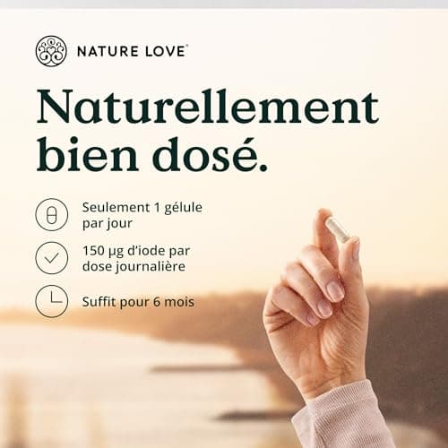 NATURE LOVE® Complexe d’Iode pour thyroïde - 180 gélules - iode, sélénium, L-tyrosine, vitamine B & D - iode naturel d’algues brunes (varech) - 6 mois - hautement dosé, végane, contrôlé en laboratoire