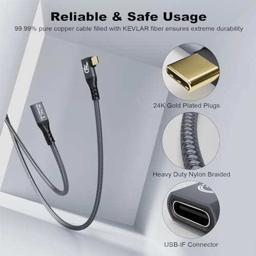 90degrés USB C 3.2 d'extension Câble 20Gbps, USBC 3.2 Gen2 Type-c Male to Female Extender Cable Ultra 4K@60Hz 240W Charging 20Gbps Data Transfer with SSD eGPU (90degrés extension 20G 240W -1M)