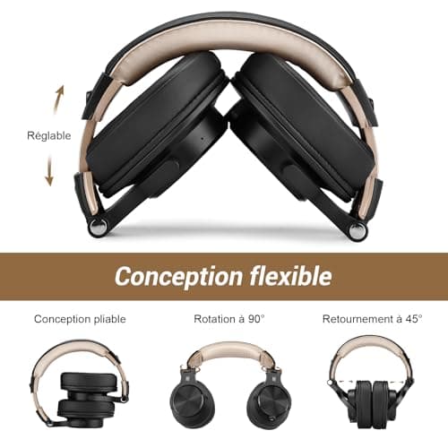 OneOdio Casque Bluetooth sans Fil BT5.2 avec 72 Heures, A70, Réduction de Bruit CVC 8.0, 3 Câbles, Léger Confortable, Pliable, Partage de Musique, Compatible Téléphone, DJ, Piano, Guitare (Noir Or)
