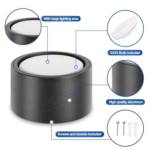 YindaLux Lot de 4 LED Spot en Saillie Noir 220-240V Ø95x55mm Plafonnier Incluse ampoule GX53 6W Blanc neutre 4000K 660LM Plafonnier Spot LED Luminaire Apparent avec spot à grande surface lumineuse