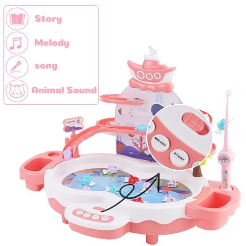NUKied Jeu de Pêche pour Enfants, Jeux Peche a La Ligne Jouet avec 10 Poissons, 3 Dauphins, 2 Cannes à Pêche,Jeu Montessori Musical Educatif Cadeau pour Garcon Fille 3 4 5 6 Ans