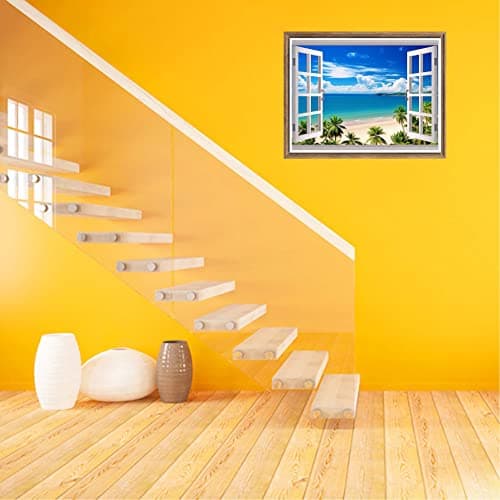 Bimkole 5D Diamond Painting DIY Kits Plage, Fenêtre Mer Arbre Bleu Ciel Broderie Diamant Kits De Broderie Au Point De Croix Strass Rond Résine Peinture Décor à La Maison, (30x40 cm)