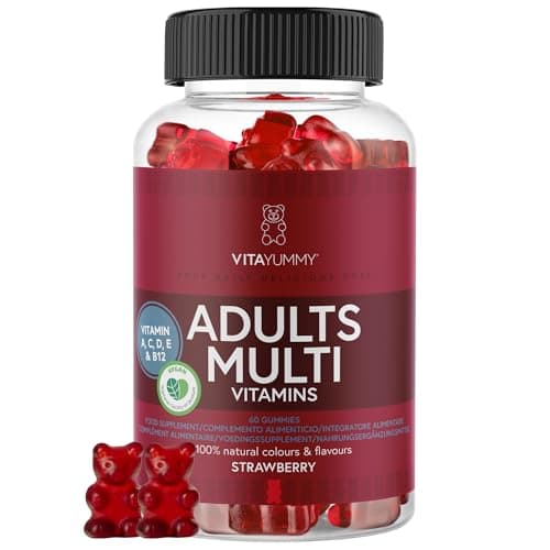 Gommes vitaminées Multivitaminés VitaYummy au Goût Fraise pour Adultes - Oursons Gélifiés Végétaliens en Supplément Alimentaire -Vitamine A,C,D,B12 et Zinc, Soutient le Système Immunitaire, 60 bonbons