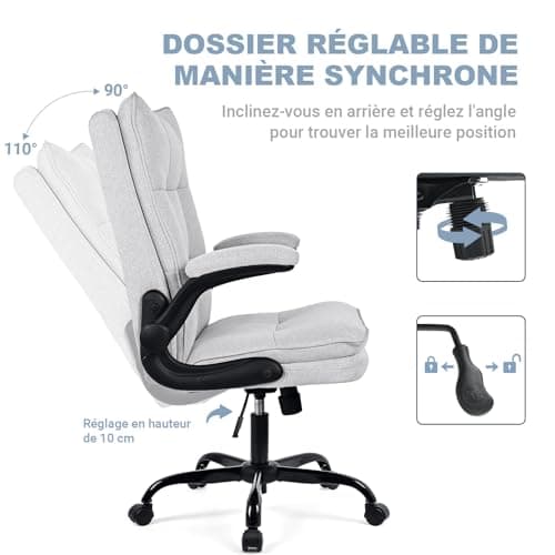 BASETBL Chaise de Bureau, Fauteuil de Bureau Ergonomique de Direction en Tissu avec accoudoirs Pliables, Chaise Gaming réglable en Hauteur, Dossier à Double épaisseur, supporte jusqu'à 150 kg, Gris
