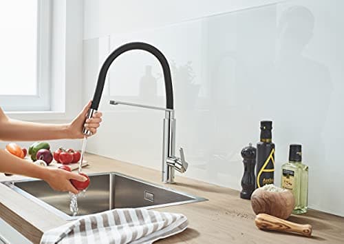 GROHE Robinet de cuisine évier Feel, Robinet avec douchette extractible, Bec en forme de U, Inverseur 2 jets, Installation et nettoyage facile, Supersteel, 31489000 (Import Allemagne)