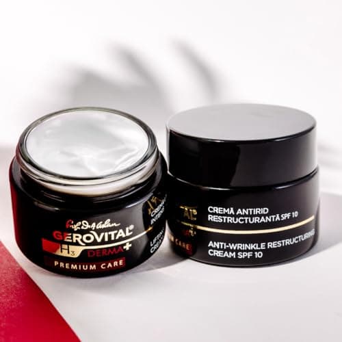 Crème Visage Anti-Rides Restructurante SPF 10, Réduit les Rides, Restaure l'Elasticité et la Fermeté de la Peau, 50 ml, Gerovital H3 Derma+ Premium Care