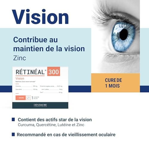Densmore - Rétineal - Complément Alimentaire Vision - Participe au Maintien d'une Vision Normale - Zinc, Curcuma, Quercétine, Lutéine - 30 comprimés - Cure de 1 mois - Fabriqué en Europe