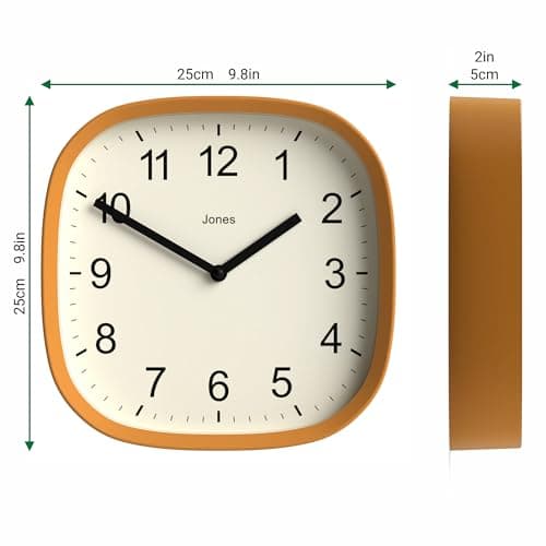 JONES CLOCKS Horloge Murale rétro carrée en Acrylique de Haute qualité, Le 'Sprite' en Jaune Moutarde, 25 x 25 x 5 cm