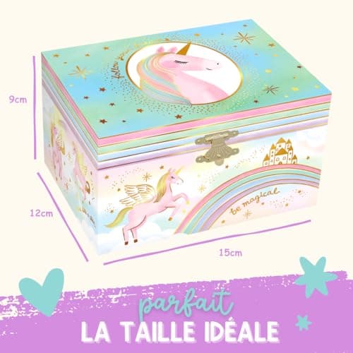 Boîte à Bijoux Musicale Licorne pour Filles - Boîte à Musique Licorne pour Enfants avec Miroir, Cadeaux d'Anniversaire Licorne pour Petites Filles, Boîte à Bijoux, 15,2 x 11,8 x 8,9 cm - 3-10 ans