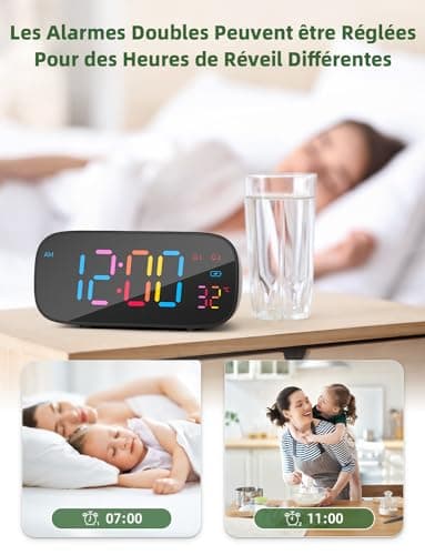LIORQUE Réveil Numérique, Reveil a Piles LED en Couleur avec Fonction de Snooze, Reveil Digital avec Température, 0-100% Luminosité, 8 Sonneries, 2 Alarmes, 12/24H, Port de Charge USB, Noir