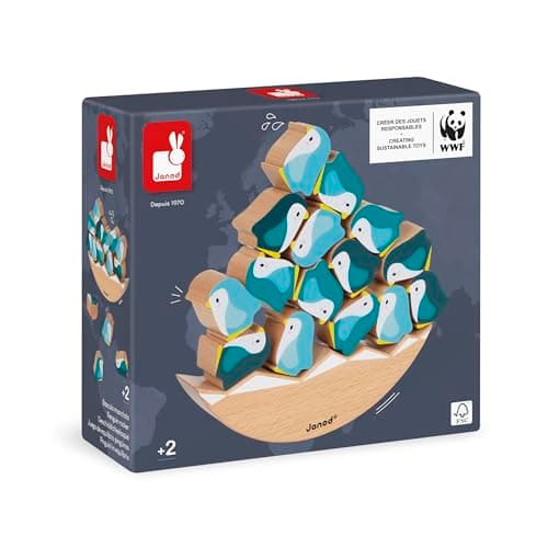 Janod - Basculo Manchots en Bois - Jouet d'Eveil - Jeu d'Adresse - Apprentissage Motricité Fine et Concentration - Partenariat WWF - Certifié FSC - Dès 2 ans, J08602