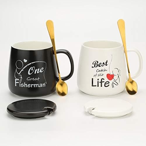 Sovyime Tasse à Café en Céramique, Coffret Cadeau Tasse Couple avec Couvercle et Cuillère, Tasse Cadeau Mariage Couple pour Mariée et Le Marié(One Great Fisherman, Best Catch of His Life)