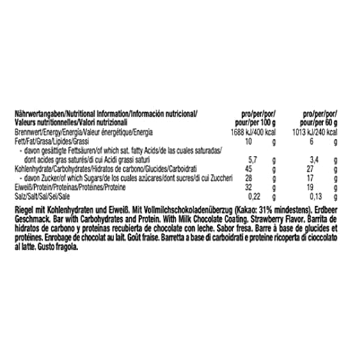 WEIDER 32% Protein Bar, délicieuse barre protéinée enrobée de chocolat fin, haute teneur en protéines, barre énergétique, snack musculation, Fraise, 12 x 60 g