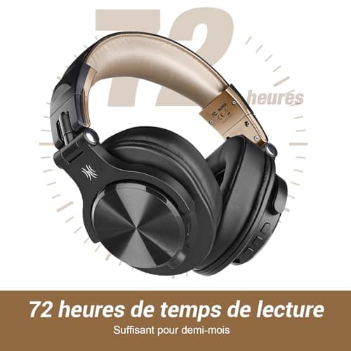 OneOdio Casque Bluetooth sans Fil BT5.2 avec 72 Heures, A70, Réduction de Bruit CVC 8.0, 3 Câbles, Léger Confortable, Pliable, Partage de Musique, Compatible Téléphone, DJ, Piano, Guitare (Noir Or)