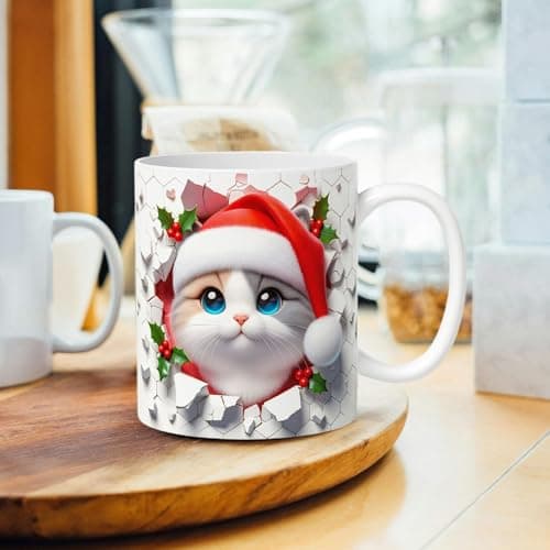 Tasse À Café 3D, Tasse À Café De Chat De Noël, Verres En Céramique, Tasse De Chat Festive, Tasse À Café De Vacances, Tasse De Conception De Chat 3D, Tasse De Noël Mignonne 350 Ml Pour La Famille, Les