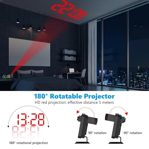 Réveil à Projection, Horloge Numérique LED Grand Écran, avec Projecteur Rotatif à 180°, Affichage des Chiffres RVB 11 Couleurs, 6 Niveaux de Luminosité, Double Alarme, Snooze, 12/24h, Horloge Digitale