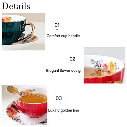 HUAMu Ensemble de tasses avec cuillère, tasse à thé et soucoupe vintage en céramique - Tasse à thé élégante avec cuillère et soucoupe - Tasses à thé royales en porcelaine,Rouge (235 ml)