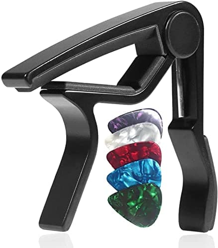 WiNGO Capodastre Guitare, Alliage Capo de Guitare Pour Folk 6 Cordes Guitare, Guitare Electrique et Acoustique Ukulélé, Mandoline et Banjo Avec 5 Médiators, Noir.