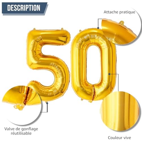 FUNFEST Ballons Anniversaire 50 Ans Couleur Or de 100cm – Décoration Ballon Anniversaire – Inclus Ballon 50 ans XL & Paille - Vole avec de l’hélium - Ballon Réutilisable de Qualité Supérieure