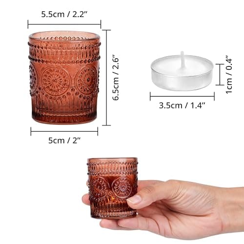 Winter Shore Bougeoir Verre Rond avec Bougies [Lot de 12] - Photophore Verre Ambré avec Design Floral Embossé - Photophore Mariage d'automne, Décoration de Table, Centres de Table Bohème