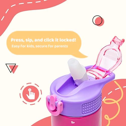 bzyoo Bouteille d'eau en acier inoxydable pour enfants 473,6 g – Étanche et facile à ouvrir ! Rose avec jolis motifs de licorne. Dispose d'une poignée et d'une fermeture sécurisée. Comprend une paille