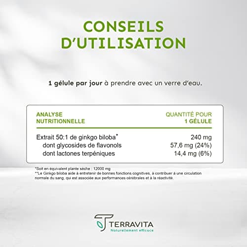 GINKGO BILOBA 12000 mg | Extrait 50:1 Hautement Dosé 6000 mg par Gélule | Booster Mémoire - Concentration - Acouphènes - Circulation Sanguine | 60 Gélules Vegan | Made in France | Terravita