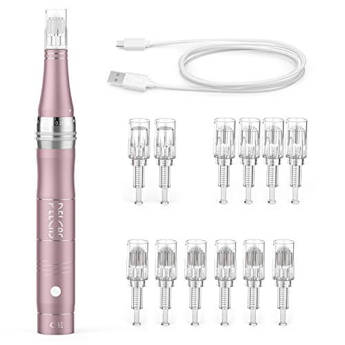 PELCAS Microneedling pour Visage, Dermapen Microneedling Professionnel avec 12 Aiguilles et 3 Vitesses - Soins Visage/Cou/Contour des Yeux, 0-2mm Stylo Microneedling