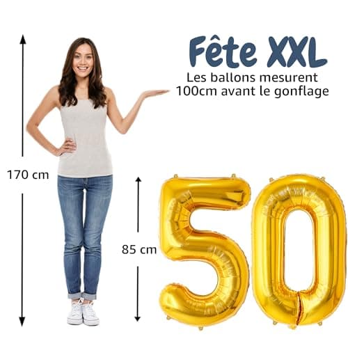 FUNFEST Ballons Anniversaire 50 Ans Couleur Or de 100cm – Décoration Ballon Anniversaire – Inclus Ballon 50 ans XL & Paille - Vole avec de l’hélium - Ballon Réutilisable de Qualité Supérieure