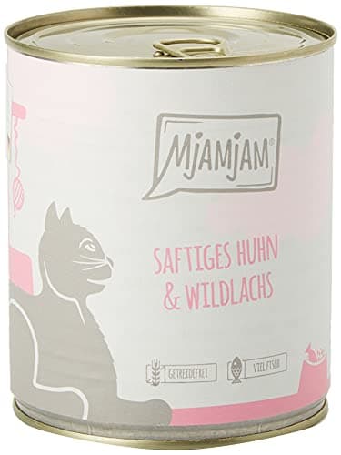 MjAMjAM - nourriture humide premium pour chats - poulet juteux et saumon sauvage, pack de 6 (6 x 800 g), sans céréales avec supplément de viande