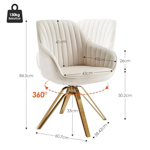 Zouron Chaise de Salle à Manger en Velours, Chaise de Bureau Pivotante avec Pieds Dorés, Fauteuil de Salon avec Accoudoirs et Siège Rembourré Épais, Beige