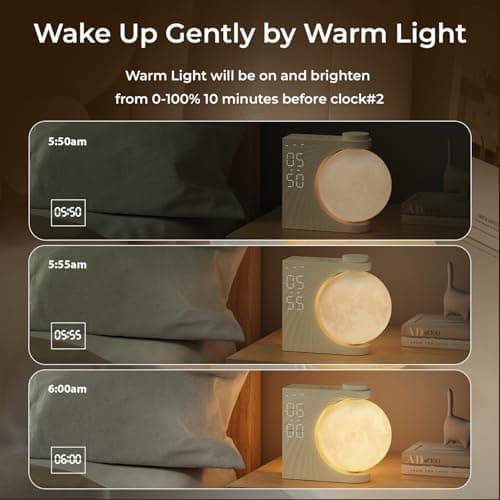 INSSISAIN Mondlampe mit Wecker, 10 beruhigende Töne mit bunter Lichtmodus, Wecklicht für Tisch, Schlafzimmer, Wohnzimmer, fonction snooze, lumière de réveil, 8 couleurs
