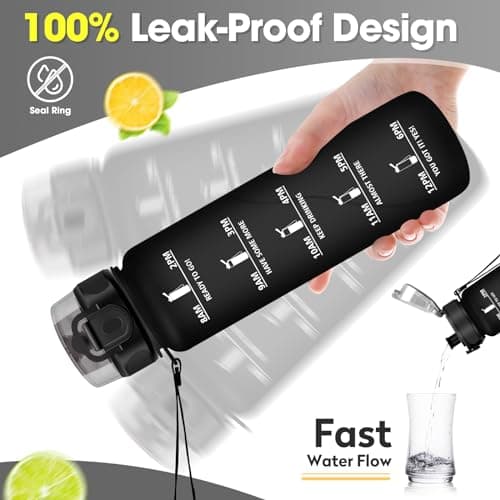 KollyKolla Gourde 1L Sport, Gourde Sport, Bouteille d'eau 1 Litre avec Marqueur de Temps et Filtre, Étanche, sans BPA, Water Bottle pour Enfant, l'école, Cyclisme, Fitness, Yoga, Bureau, Gym