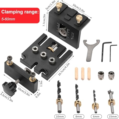 Gabarit de perçage 6/8/10/15mm Kit de gabarit de goujon à centrage automatique pour le travail du bois Trous de cheville exacts,avec clip de positionnement Guide de perçage réglable Localisateur
