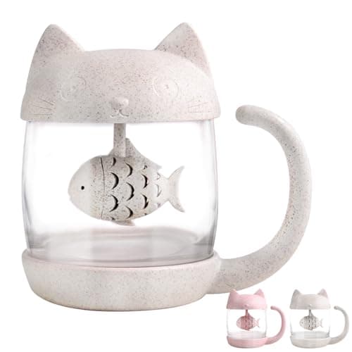 BigNoseDeer Cadeau Femme Cadeau Noel Tasse à thé en verre chat, bouteille d'eau avec infuseur à thé en forme de poisson, Passoire Filtre Tassen de café 250ML (8OZ) Cadeau Fête des Mères
