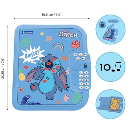 Lexibook- Disney Stitch Journal Intime électronique Stylo et carnet Inclus, interactif, Mot de Passe, Fonctions Amusantes, Effets sonores, SD50D, Bleu