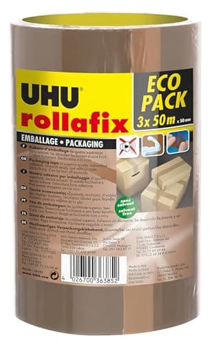 UHU Rollafix - Rubans adhésif d'emballage brun, lot 3 rubans 50m x 50mm