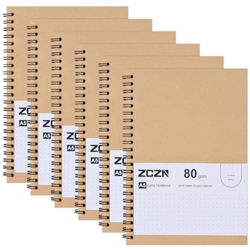 ZCZN A5 Cahier à Spirale Kraft 60 Feuillets par Bloc,Lot of 6 Blocs Carnet de Notes à Spirale Reliure Double Spirale,80 g/m2,Bloc Note Carnet Dessin,120 Pages Pointillés