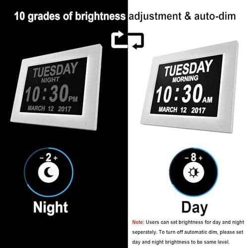 XAYKEN 8" Pouce LCD Horloge Numérique Calendrier avec Date Jour Et Heure Non-Abrégée Auto Dimming 8 Langues HD Display Rappel pour Alzheimer Les Personnes âgées et Les Enfants