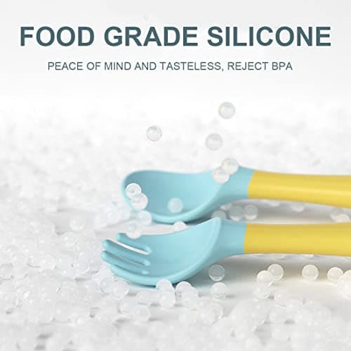 Clyhon Cuillères Bébé Silicone,4pcs Cuillere Bébé Souple Cuillère de Formation avec Fonction Bendable,Facile à Tenir, Parfait Auto-alimentation Cuillères D'apprentissage (Vert+Jaune)