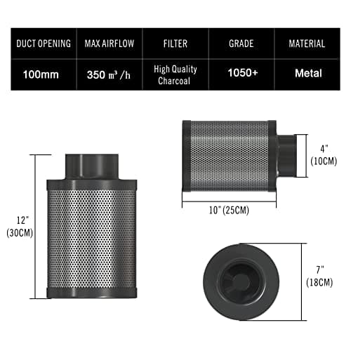 Aygrochy Filtre à charbon 100 mm, filtre à air, filtre à carbone, filtre d'échappement, filtre de culture pour ventilateurs tubulaires, filtre anti-odeurs, 365 m3/h (longueur 300 mm)