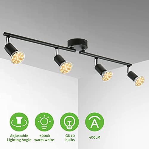 Tomshine Plafonnier LED 4 Spots orientables, noir 4 x 4W GU10 Barre Spot Plafond LED Eclairage intérieur pour Salon Salle à Manger