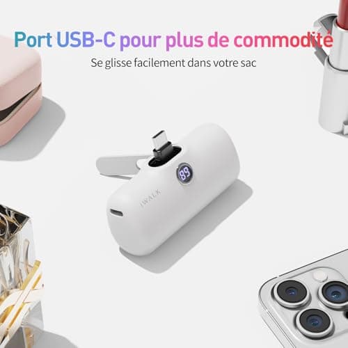 iWALK Mini Batterie Externe avec Support, USB-C Power Bank, Charge Rapide 20W, 5000mAh, Affichage LED, Compatible avec iPhone 16/16 Plus/16 Pro/16 Pro Max/15 et Samsung S24/S23