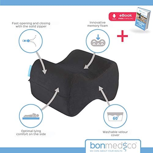 bonmedico Oreiller Ergonomique de Genoux pour Dormir sur Le côté, Oreiller Repose-Jambe en Mousse à mémoire de Forme, Noir