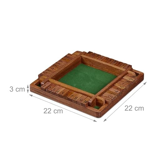 Relaxdays Shut The Box, 10 battants, de 2 à 4 Joueurs, en Bois, pour Petits et Grands, avec dés, Marron et Vert