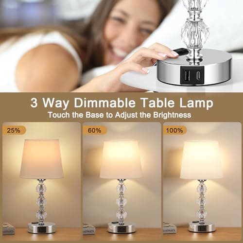 Kakanuo Lampe de Chevet Tactile avec Ports USB-A+C+Prise CA, 3 Intensité Variable, Lampe en Cristal Lot de 2, Abat-jour Blanc, Lampes de Table pour Chambre Salon D'enfant Bureau (Ampoules Incluse)
