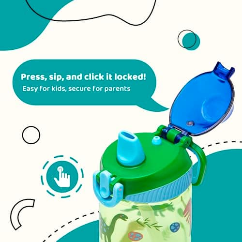 bzyoo Bouteille d'eau pour enfants de 473,6 g – Étanche et facile à ouvrir ! Vert avec de jolis motifs de dinosaures. Dispose d'une poignée et d'une fermeture sécurisée. Comprend une paille pratique