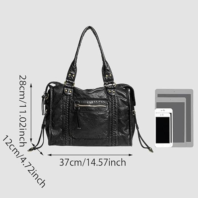 Sac a Main Femme Cuir PU, Sac a Main pour Les Cours Lycee College | Grand City Bag Vintage Noir, avec Bandoulière Réglable, pour École et Travail