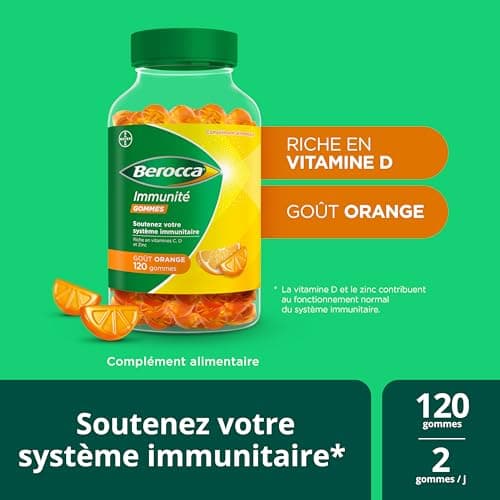 Berocca® Immunité gommes - Multivitamines Complément alimentaire - 8 vitamines et minéraux - Dont vitamine C, D et Zinc - Soutient l'immunité au quotidien - Goût orange 120 gommes